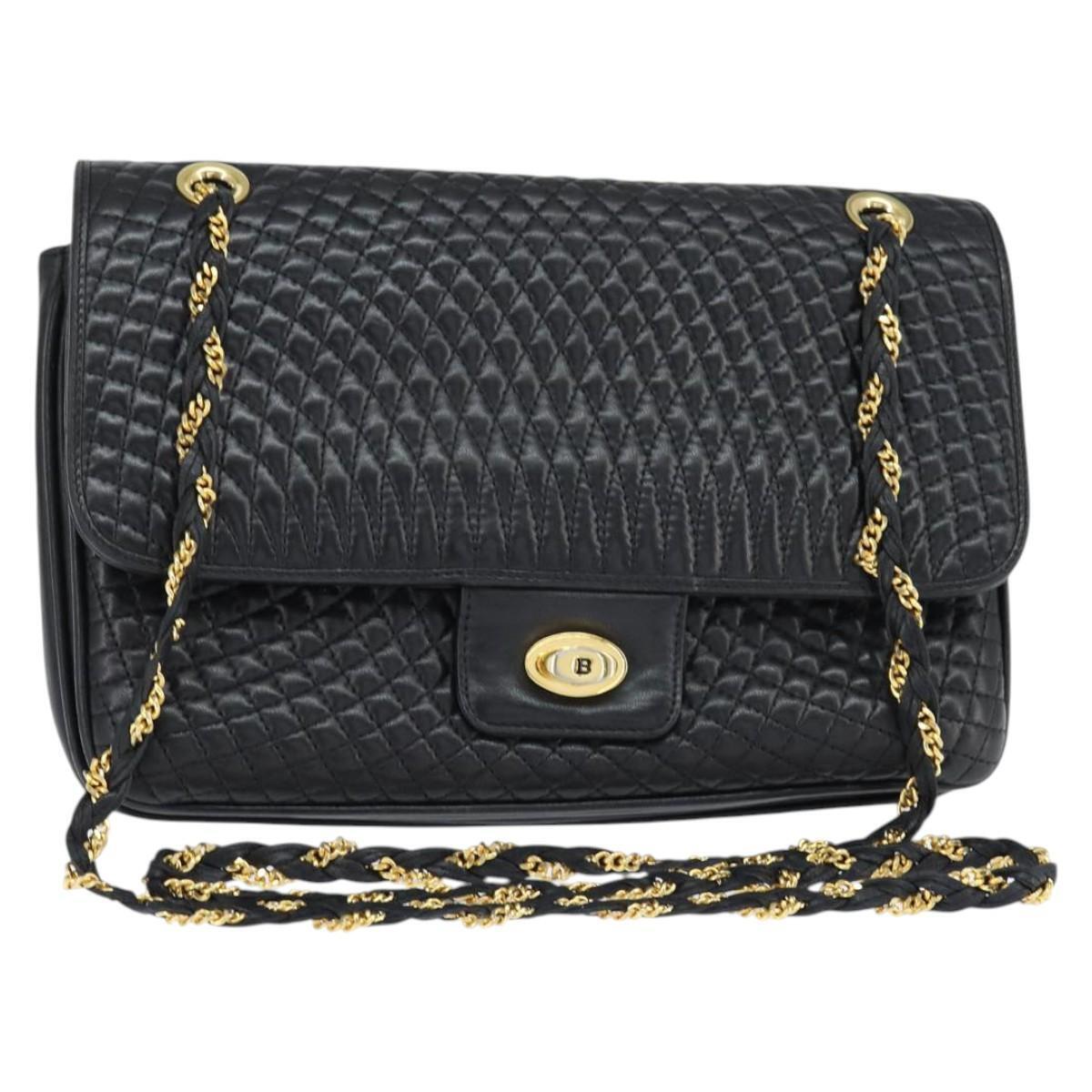 Bally Chain Shoulder Bag Leather Black Gold Auth Ba7303